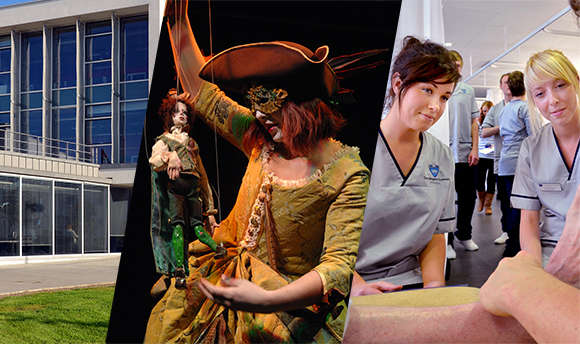 Collage of ֱ, a puppeteer on stage and two nursing students