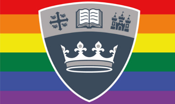 The ֱ shield in front of the LGBTQ+ flag